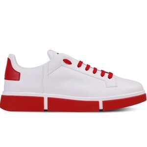 V Design Low Top Leather Sneakers White Red Streetwear Mens Size 8 Womens 10